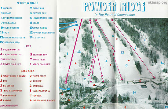 A circa 1975 Powder Ridge trail map after the Powder Ridge South expansion