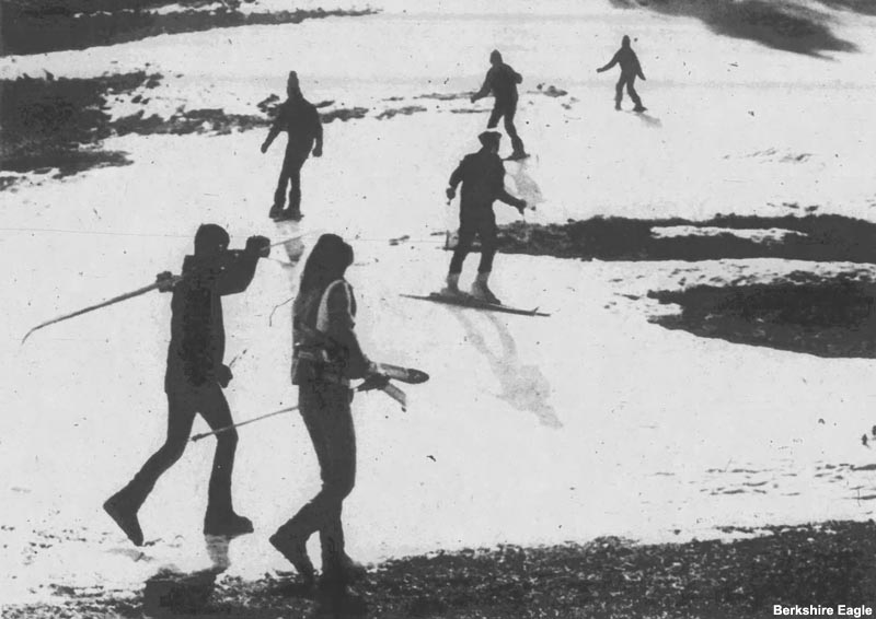 Skiing patches of snow on New Year's Day 1980