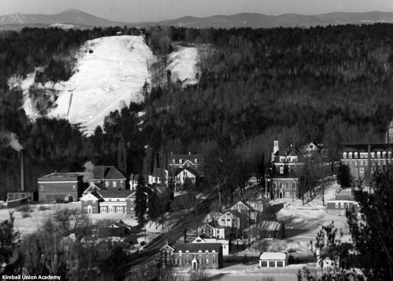 An undated photo of the ski area and Kimball Union Academy