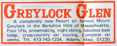 Greylock Glen ad in 1975 Eastern Ski Map