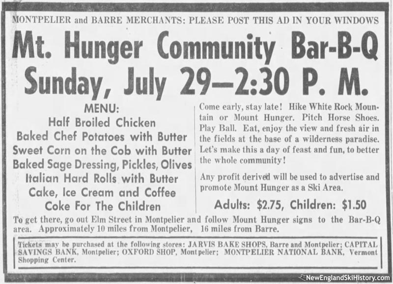 July 19, 1962 Mt. Hunger Ski Area fundraiser advertisement