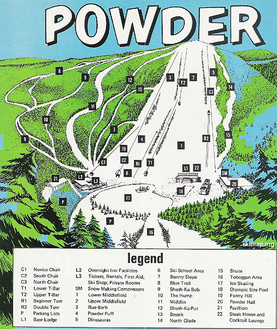 A circa 1965 Powder Hill trail map prior to the Powder Ridge South expansion