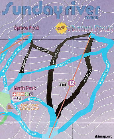 The new Aurora Peak area on the 1991 Sunday River trail map