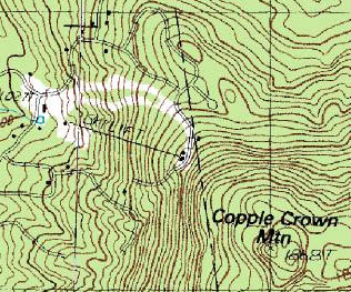 The 1987 USGS topographic map showing Copple Crown ski area and the undeveloped upper mountain