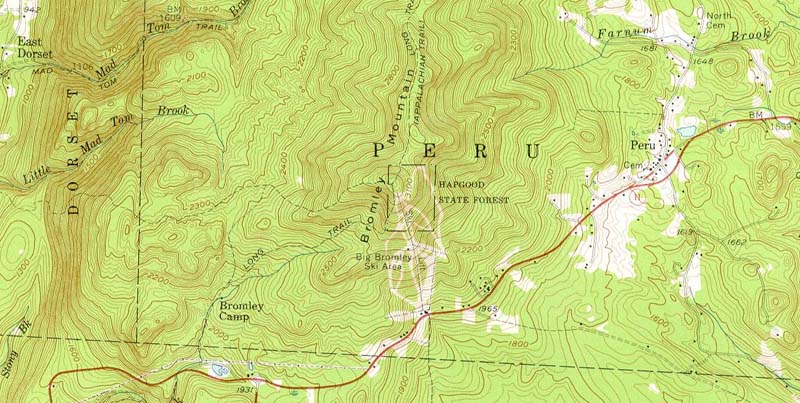 The 1957 USGS map showing Bromley Run and the west side of the mountain