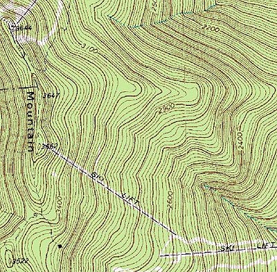 The 1983 USGS topographic map showing the lift line and the top of Mad River Glen